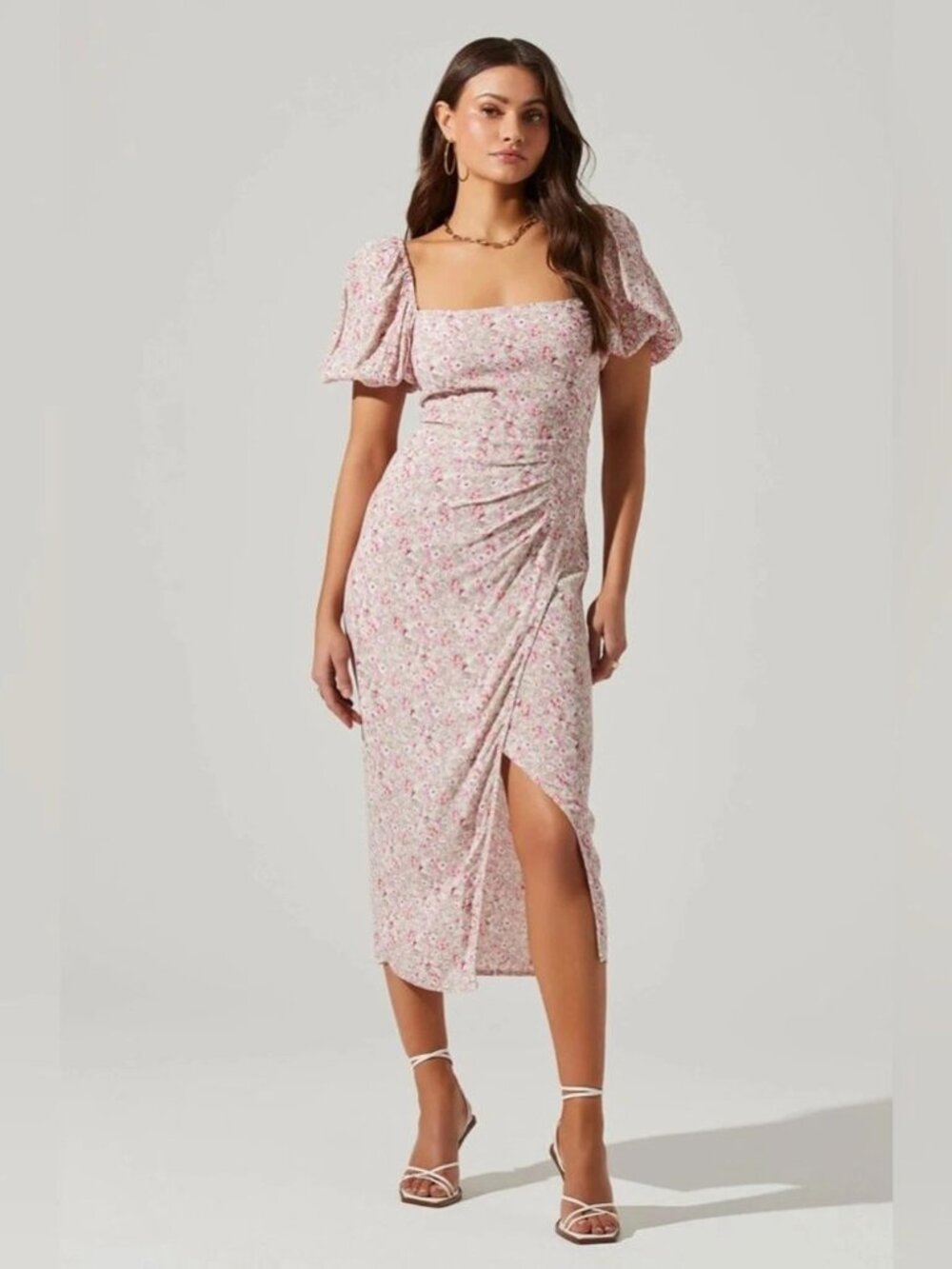 ASTR‎ the Label Dress Puff Sleeve Size XL Pink Multi Ditsy Spring Floral Midi